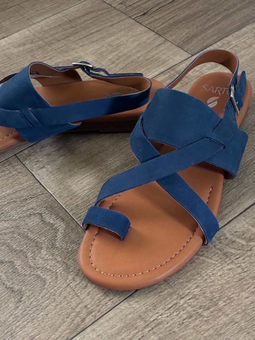 Franco Sarto Navy and Tan Crisscross Leather Sandals